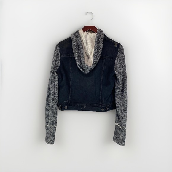 Free People Women's Small Black Distressed Denim Jacket Knit Sleeves Hood Grunge - Picture 2 of 12
